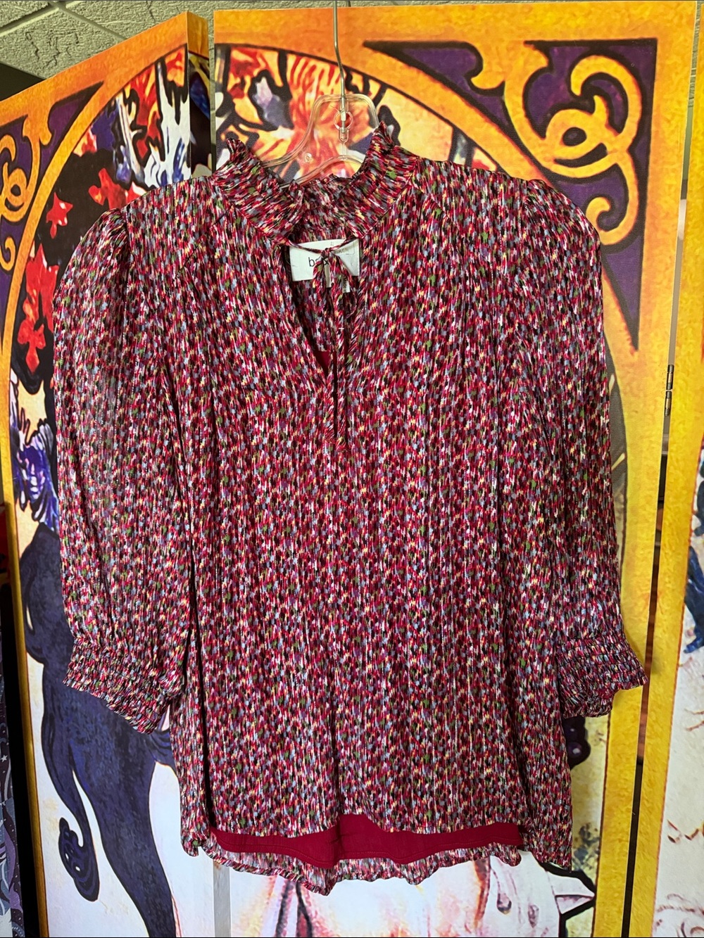 ba&sh Burgundy Multi-Print Ruffle-Neck Blouse